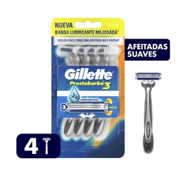 Gillette Prestobarba3 Máquina de Afeitar Desechable con Afeitadas Suaves, 4 Unidades