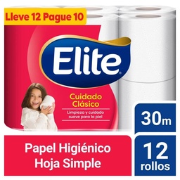 Papel Higiénico Elite Cuidado Clásico Pack Conveniente Hoja Simple 30 m 12 un