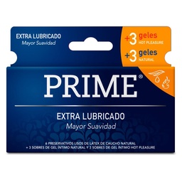 Preservativos Extra Lubricado+gel Hot Pleasure+gel Natural Prime 6 uni