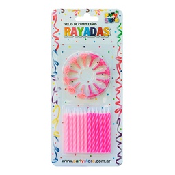 Pack x 24 Unidades Velas Rayadas con Base Rosa