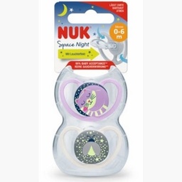 Chupete Nuk Space Lumin.0-6 m. Violeta/bco x2