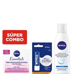 Combo Nivea Crema Leche Limpiadora Refrescante x 200 ml + Crema Visage Hidratante Intensiva Día x 50 ml + Protector Labial Essencial Care x 4,8 g